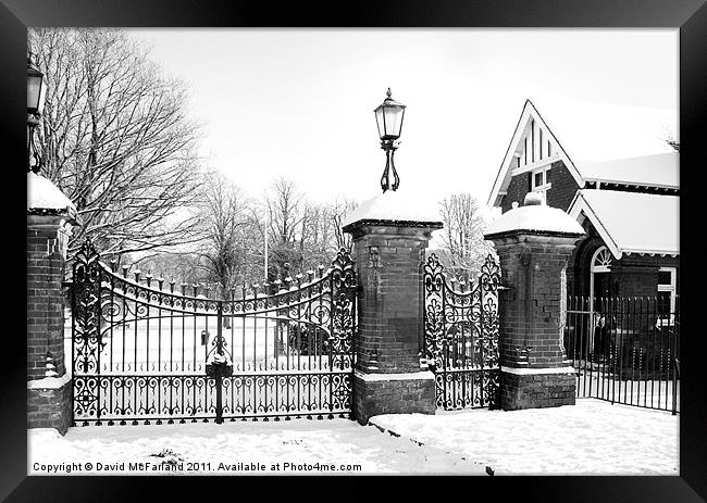 Lurgan Park gates in winter snow Framed Print by David McFarland