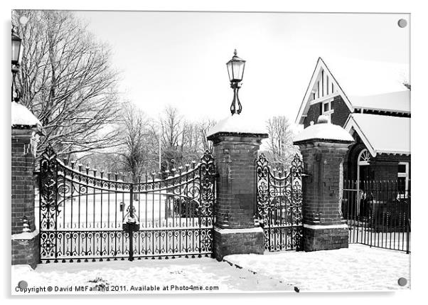 Lurgan Park gates in winter snow Acrylic by David McFarland