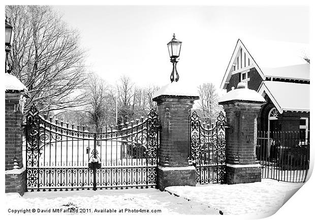 Lurgan Park gates in winter snow Print by David McFarland