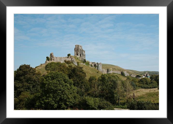 A postcard view of Corfe Castle Framed Mounted Print by Simon J Beer