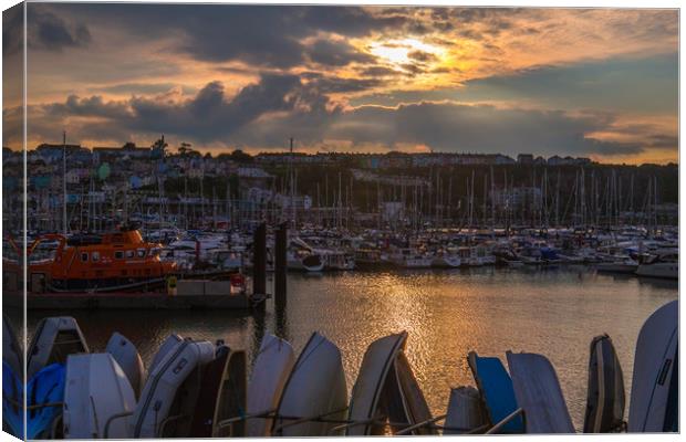 Brixham harbour RNLI lifeboat sunset Canvas Print by Steve Mantell