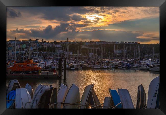 Brixham harbour RNLI lifeboat sunset Framed Print by Steve Mantell
