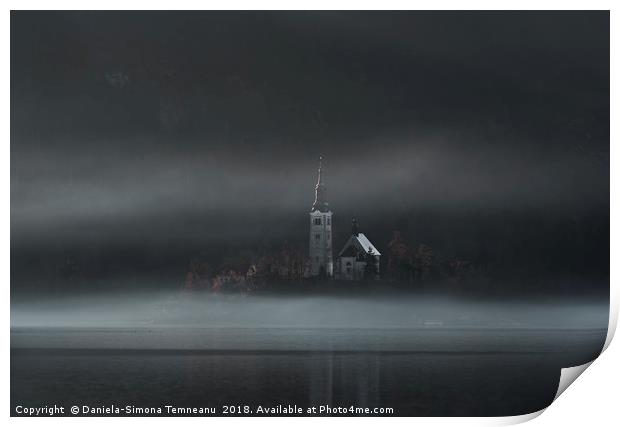 Church on Bled Island in fog Print by Daniela Simona Temneanu