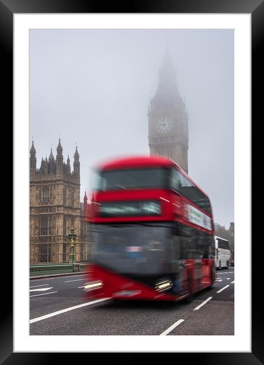 London Bus crosssing Westminster Bridge on a foggy Framed Mounted Print by George Robertson