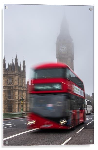 London Bus crosssing Westminster Bridge on a foggy Acrylic by George Robertson