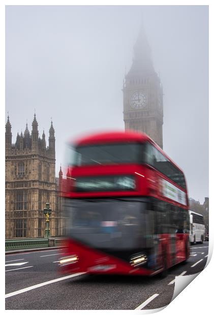 London Bus crosssing Westminster Bridge on a foggy Print by George Robertson