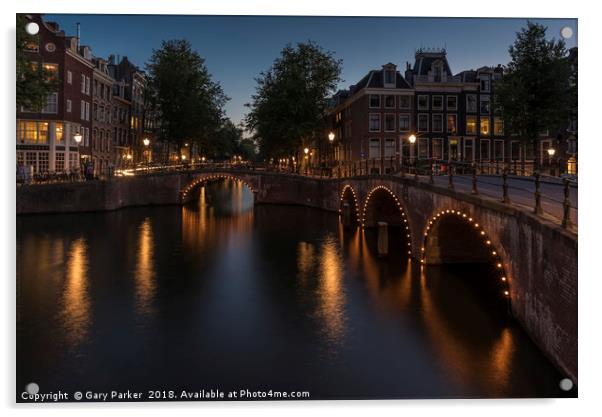 Amsterdam canal and bridge, at dusk.  Acrylic by Gary Parker