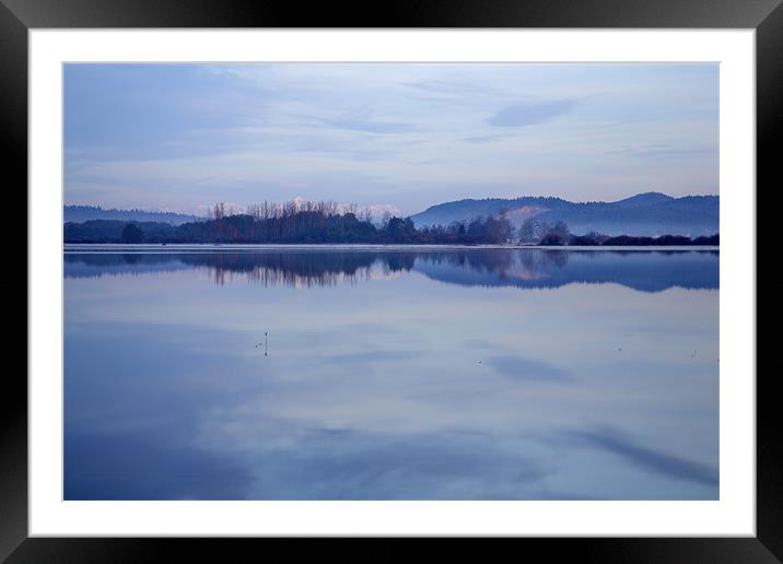 Cerknica lake at dawn with snow covered alps Framed Mounted Print by Ian Middleton