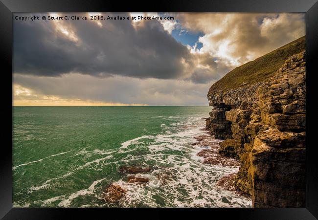 Rough seas at Durlston Framed Print by Stuart C Clarke