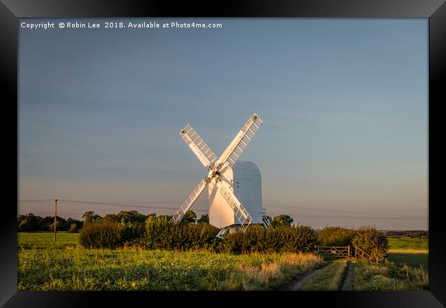 Sun setting on Chillenden Windmill Framed Print by Robin Lee