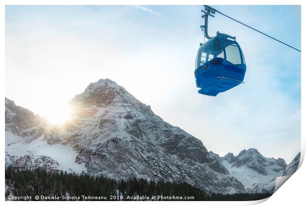 Cable car and snow-capped mountains Print by Daniela Simona Temneanu