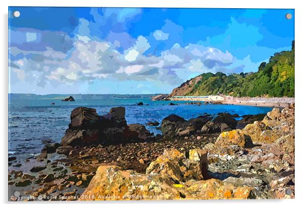 Rocky view of Meadfoot Beach Torquay  Acrylic by Rosie Spooner