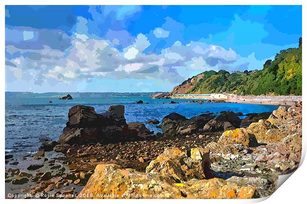 Rocky view of Meadfoot Beach Torquay  Print by Rosie Spooner