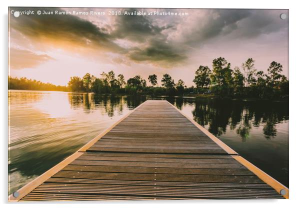 Wooden jetty over the lake at sunset in a sky with Acrylic by Juan Ramón Ramos Rivero