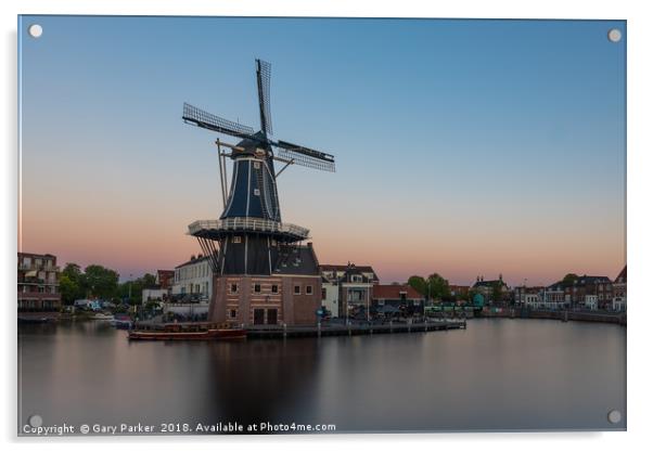 Dutch windmill, in the town of Haarlem, at sunset. Acrylic by Gary Parker