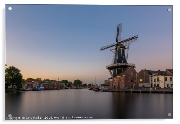 Dutch windmill, in the town of Haarlem, at sunset. Acrylic by Gary Parker