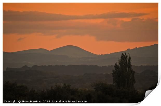 Sunset behind the Welsh Hills Print by Simon Martinez