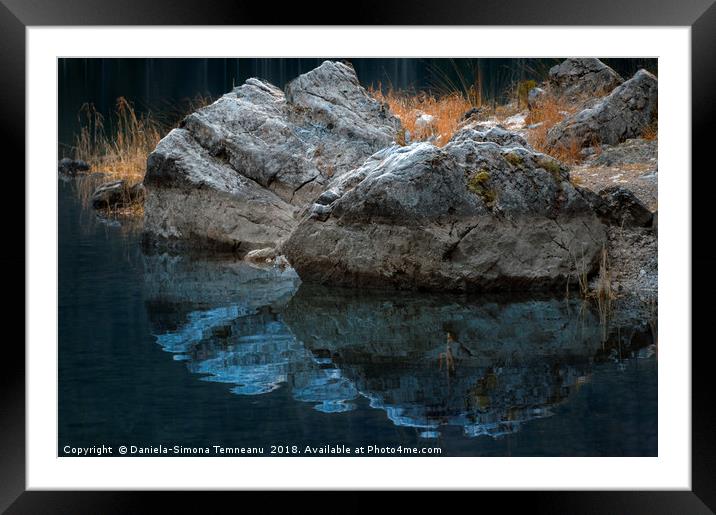 Rocks and dried grass reflected in water Framed Mounted Print by Daniela Simona Temneanu