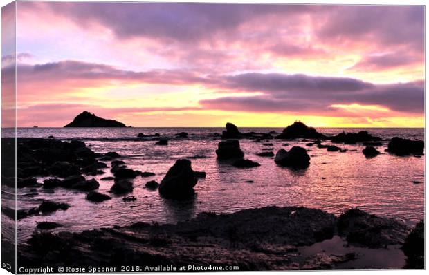 Low tide sunrise at Meadfoot Beach in Torquay Canvas Print by Rosie Spooner