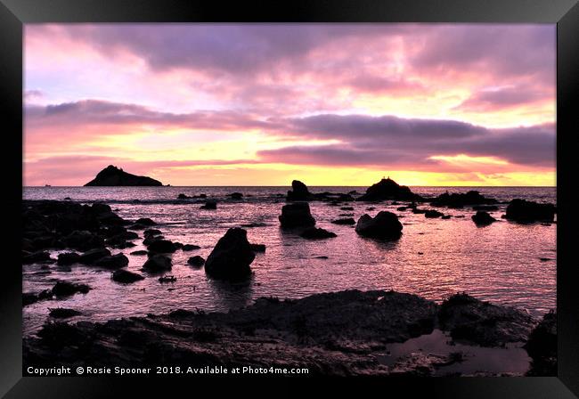 Low tide sunrise at Meadfoot Beach in Torquay Framed Print by Rosie Spooner