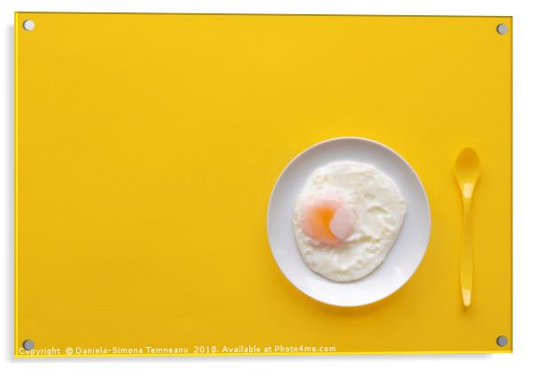 Fried egg in a plate on a yellow background Acrylic by Daniela Simona Temneanu