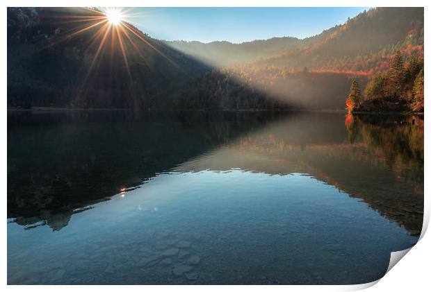 Morning sunshine over lake and autumn forest Print by Daniela Simona Temneanu