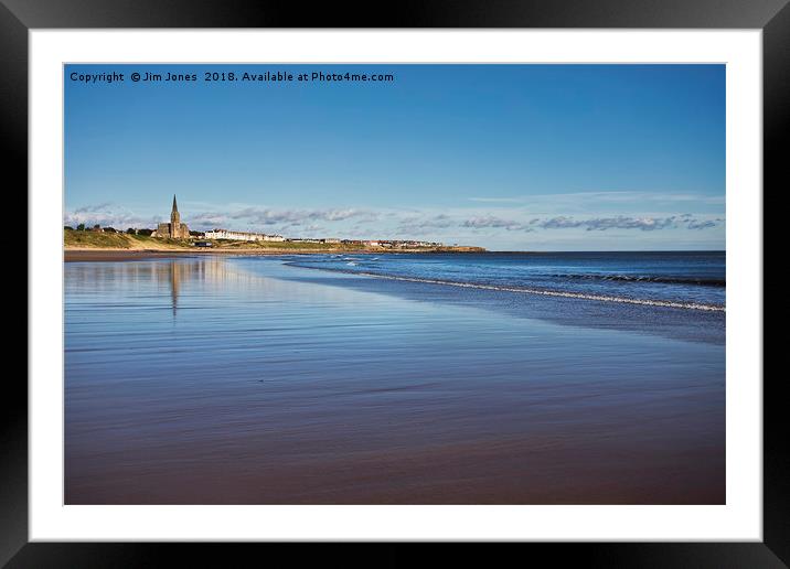 Tynemouth Long Sands; Blue Flag beach under a blue Framed Mounted Print by Jim Jones