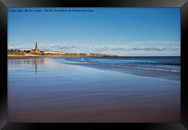 Tynemouth Long Sands; Blue Flag beach under a blue Framed Print by Jim Jones
