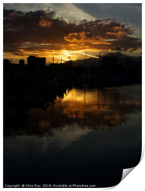   Sunset over Sutton Harbour Plymouth Print by Chris Day