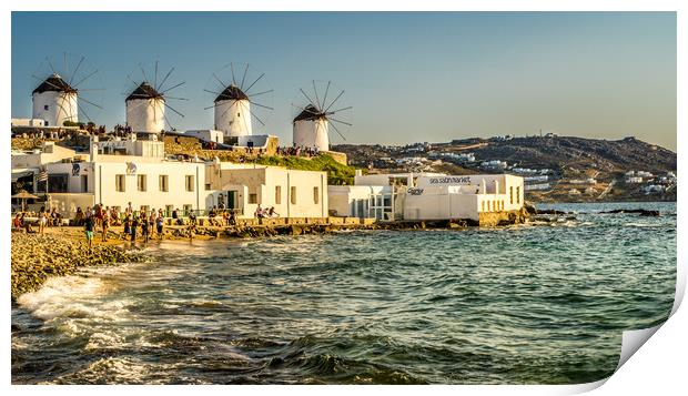 Mykonos town cliff top Windmills Print by Naylor's Photography