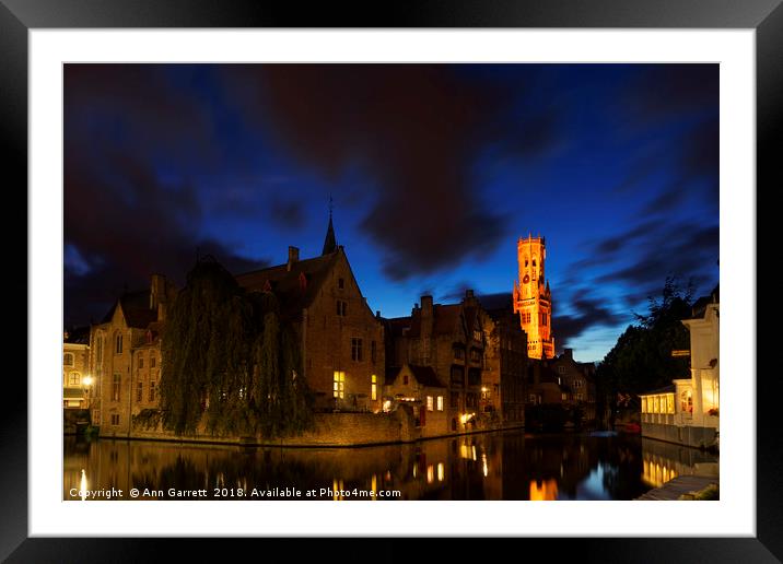 Rozenhoedkaai Bruges At Night Framed Mounted Print by Ann Garrett