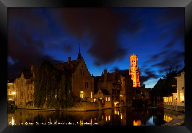 Rozenhoedkaai Bruges At Night Framed Print by Ann Garrett