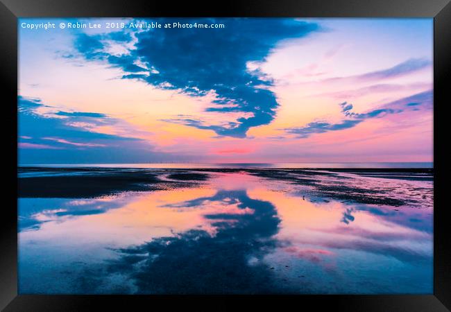 Sunset reflected on beach Framed Print by Robin Lee