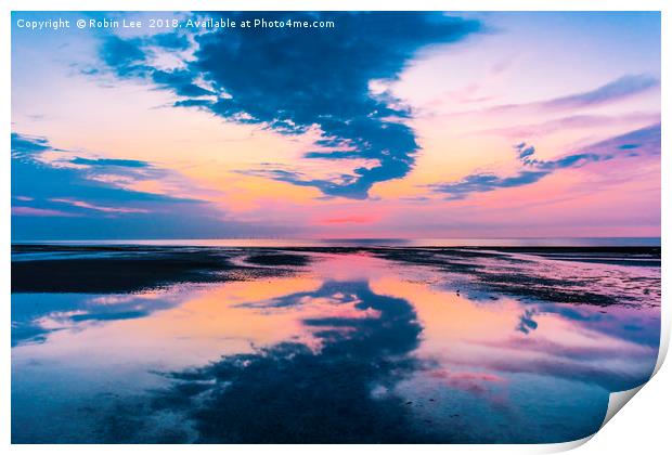 Sunset reflected on beach Print by Robin Lee