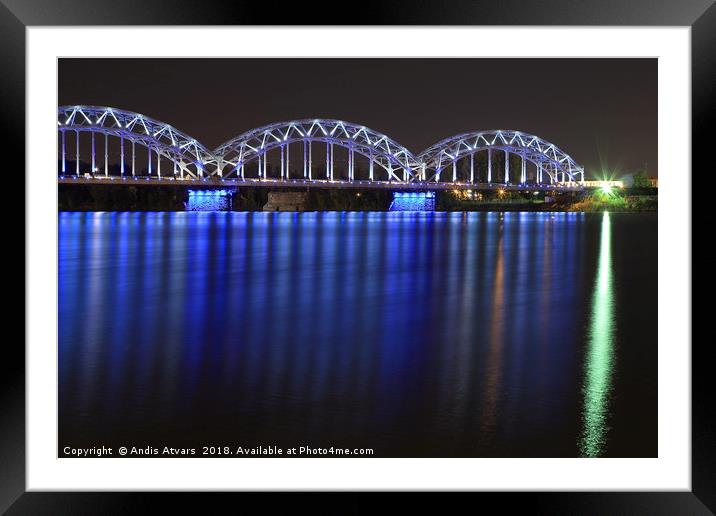 Railway Bridge crosses the Daugava river in Riga Framed Mounted Print by Andis Atvars
