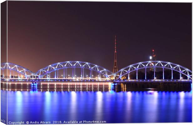 Railway Bridge and TV tower Riga, Latvia Canvas Print by Andis Atvars