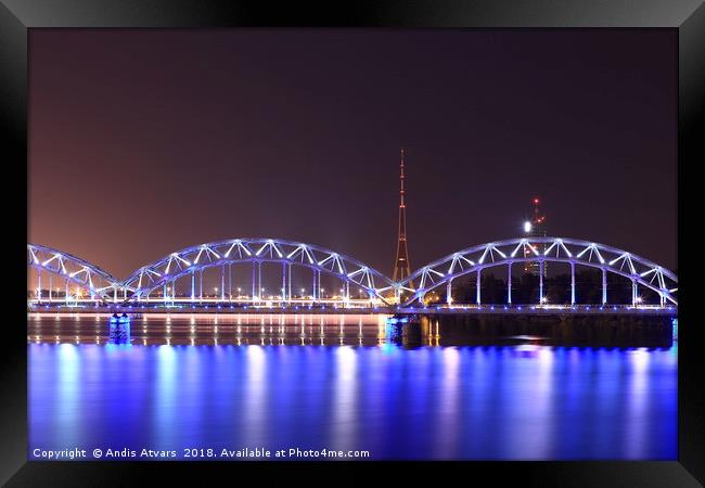 Railway Bridge and TV tower Riga, Latvia Framed Print by Andis Atvars