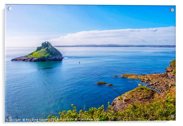 Meadfoot Bay beach and Thatchers Rock Acrylic by Rosaline Napier