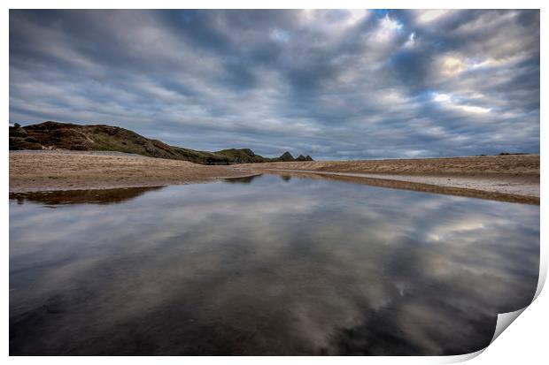 Reflections at Three Cliffs Bay Print by Leighton Collins