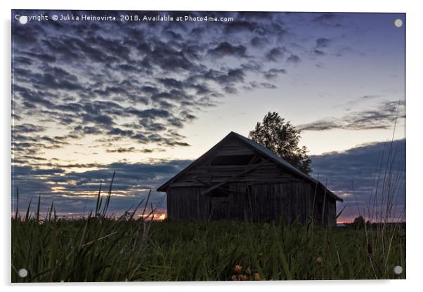Midsummer Sun Sets Behind An Old Barn House Acrylic by Jukka Heinovirta