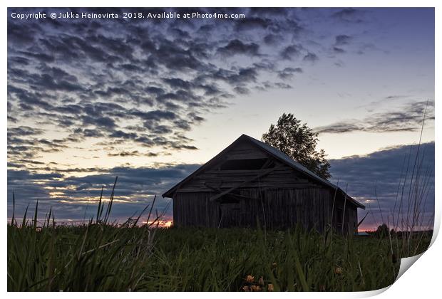 Midsummer Sun Sets Behind An Old Barn House Print by Jukka Heinovirta