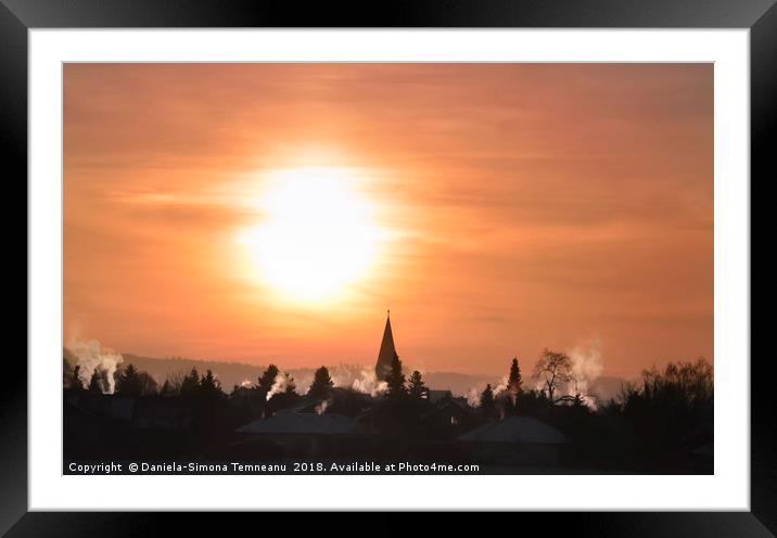 Colorful winter sunrise over village Framed Mounted Print by Daniela Simona Temneanu