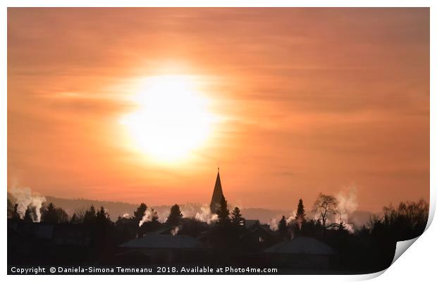 Colorful winter sunrise over village Print by Daniela Simona Temneanu