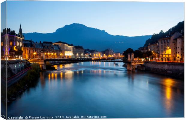 Grenoble at dusk with the river Isere, France Canvas Print by Florent Lacroute