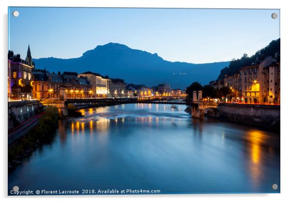Grenoble at dusk with the river Isere, France Acrylic by Florent Lacroute