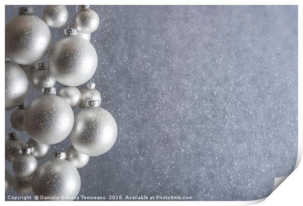 Light silver Christmas balls and snowstorm Print by Daniela Simona Temneanu