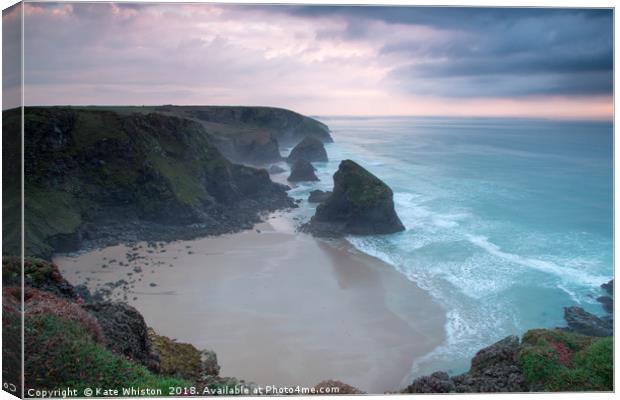 Misty Sunset at Bedruthan Steps Canvas Print by Kate Whiston