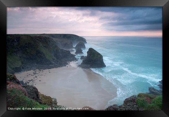 Misty Sunset at Bedruthan Steps Framed Print by Kate Whiston