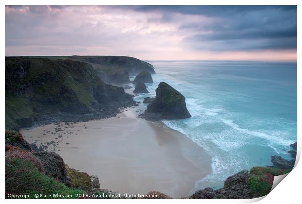 Misty Sunset at Bedruthan Steps Print by Kate Whiston