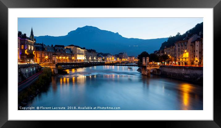 Grenoble at dusk with the river Isere, France Framed Mounted Print by Florent Lacroute